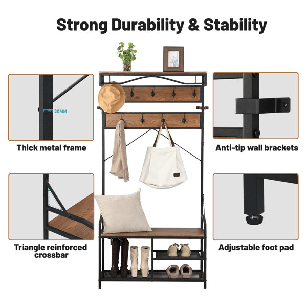 Williston Thivya 36.2'' Wide Iron Hall Tree with Bench and Shoe